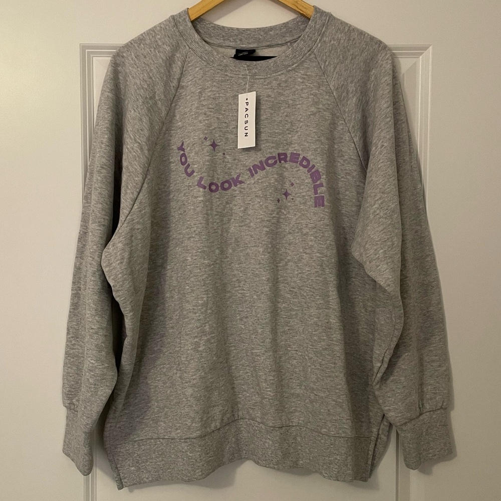 NWT PacSun You Look Incredible Gray Crew Neck Oversized Sweater